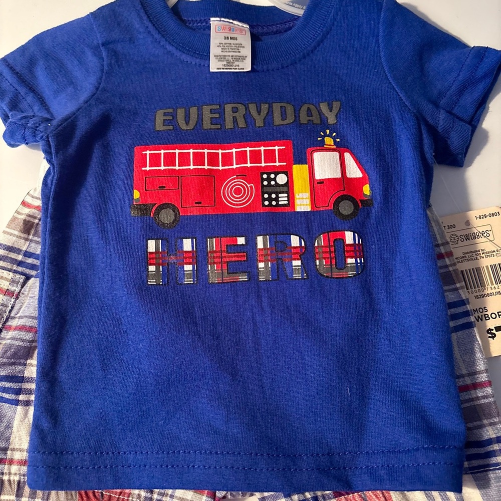 Blue Hero T-shirt and Plaid Pants for Boys Size 3-6 Months New with Tags